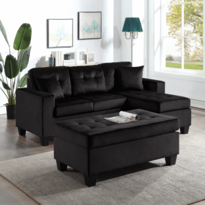 HH-Naomi Black Velvet - Reversible Sectional & Ottoman Set
