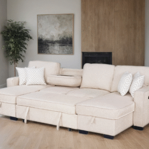 HH-Sahara Beige - Double Storage Chaise Sectional w/ Drop Down Cupholders