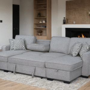 HH-Sahara Gray - Double Storage Chaise Sectional w/ Drop Down Cupholders