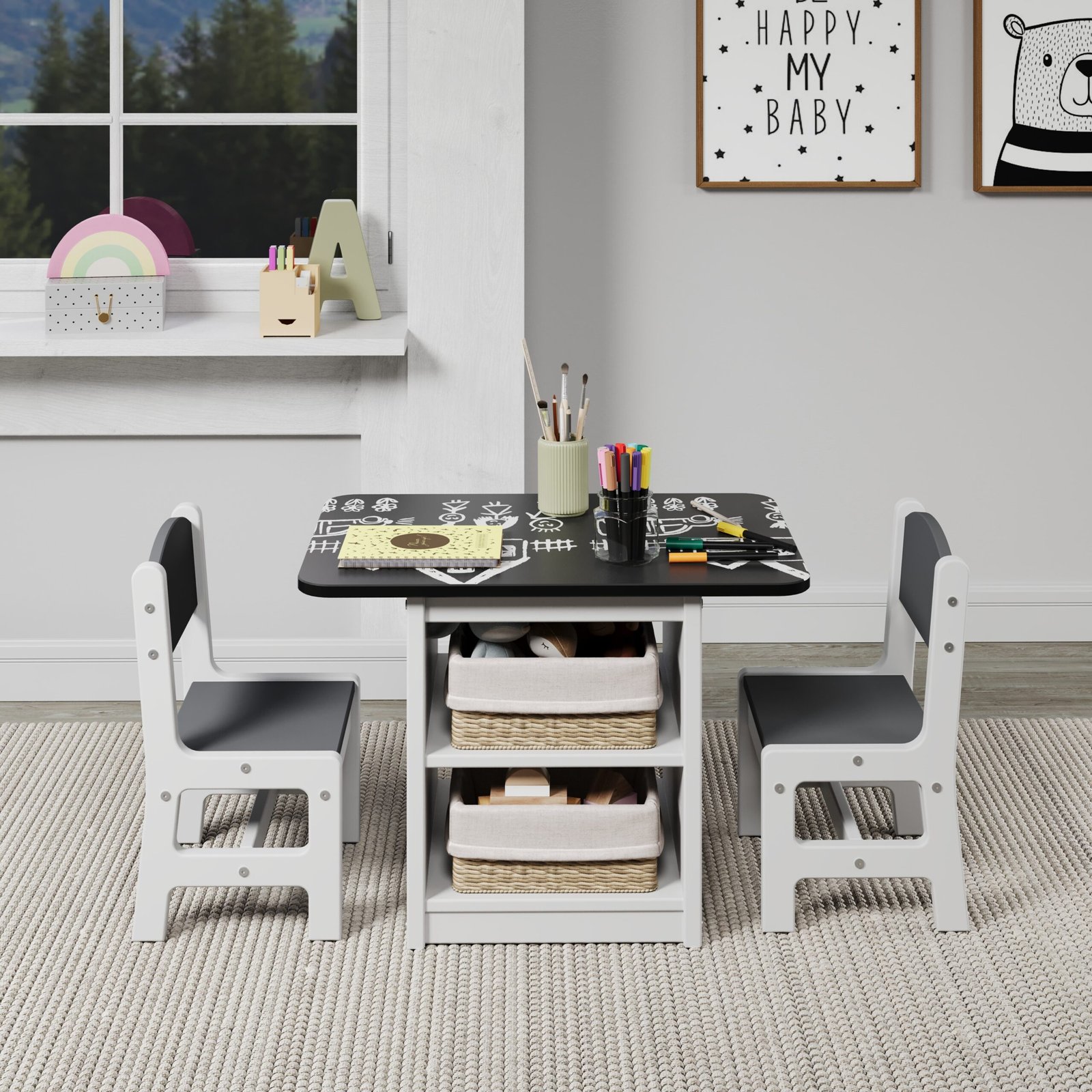 2453-W Kid’s Table Set with Chalkboard Top (Baskets not included) White Finish