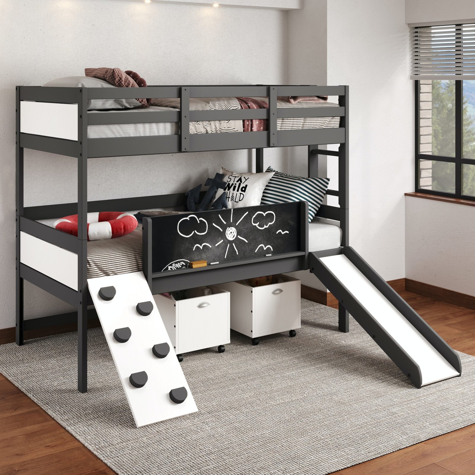 3006-TTDG Twin/Twin Activity Bunkbed-Dark Grey/White Finish