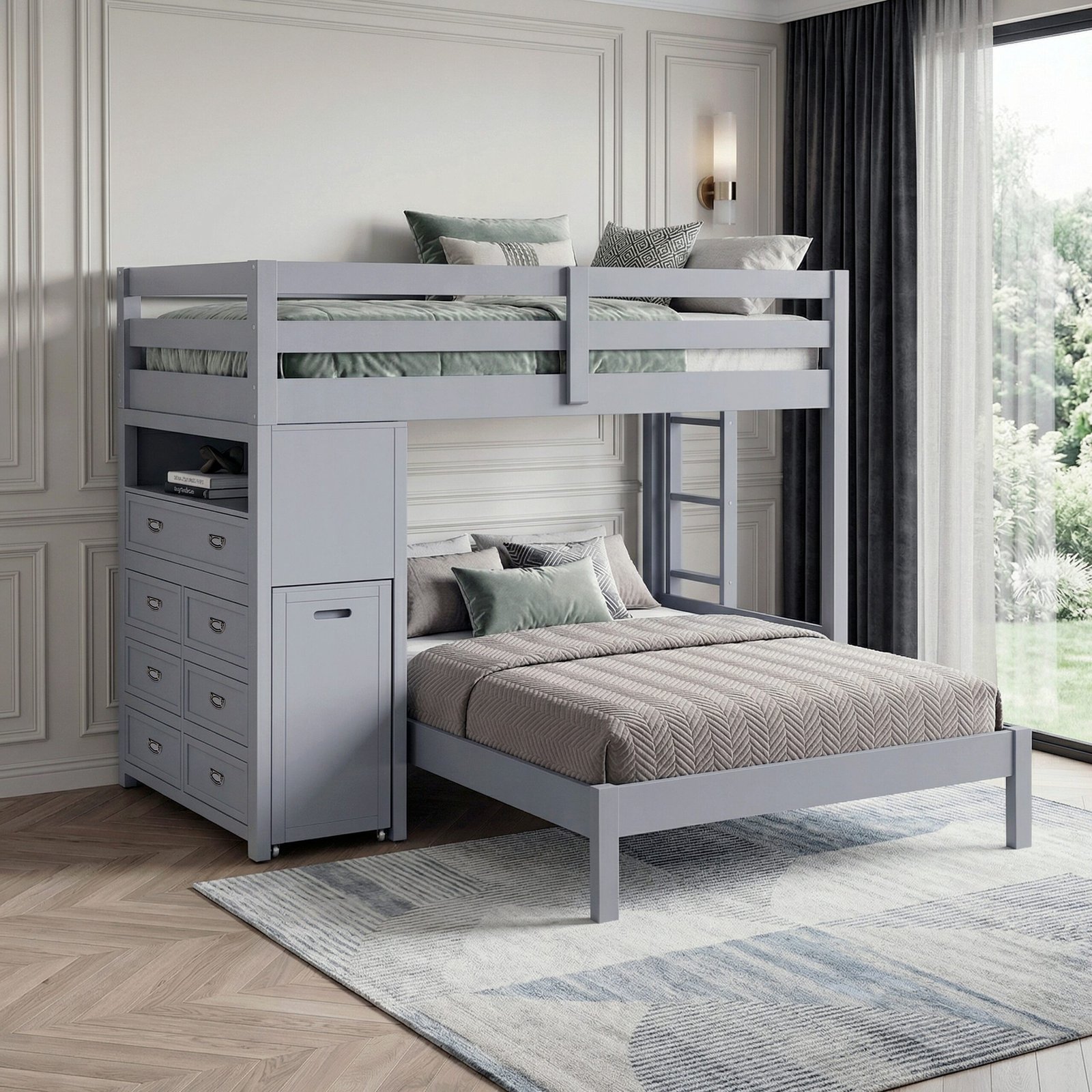 B2024GYLTF-1* Twin/Full Loft Bunk Bed with Chest and Hidden Desk