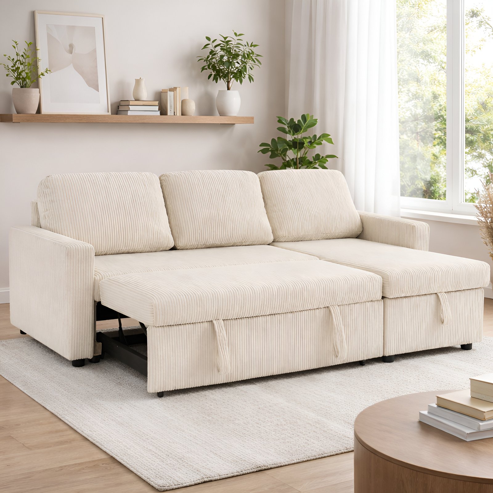 Tommy Beige Convertible Sectional Sofa Bed